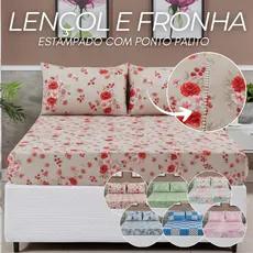 Jogo de Cama 400 Fios Estampado Lençol de Elástico e Fronha com Ponto Palito Acabamento Premium