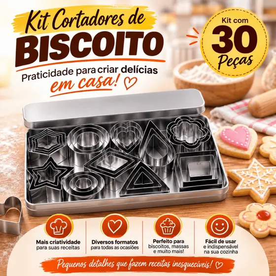 Kit 30 Cortadores de Biscoito Aço Inox Formas Variadas Molde Massa e Anel Mousse Confeitaria