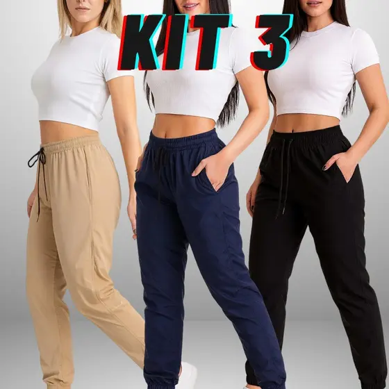 Kit 3 Calça Tactel Básica Para Mulher Feminina Com Bolsos E Ajuste Cordão Na Cintura Pronta Entrega
