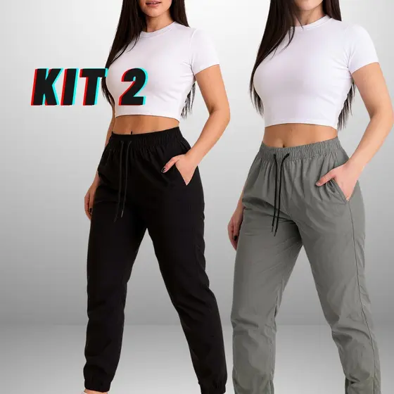 Kit 2 Peças Calça Básica Simples Reta Com Elastico Larga De Tactel Com Ajuste de Cordão Na Cintura e Bolsos