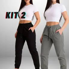 Kit 2 Peças Calça Básica Simples Reta Com Elastico Larga De Tactel Com Ajuste de Cordão Na Cintura e Bolsos