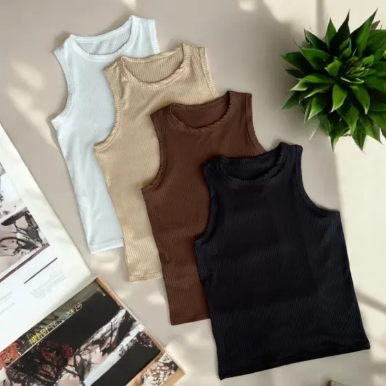 Kit 4 Peças Regata Canelada Feminina Blusinha Básica Ribana Algodão com elastano Premium Blogueira
