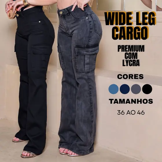 Calça Jeans Feminina Wide Leg Cargo Cintura Alta com LYCRA Elástano conforto e moda PREMIUM 36 ao 54 PLUS