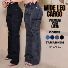 Calça Jeans Feminina Wide Leg Cargo Cintura Alta com LYCRA Elástano conforto e moda PREMIUM 36 ao 54 PLUS