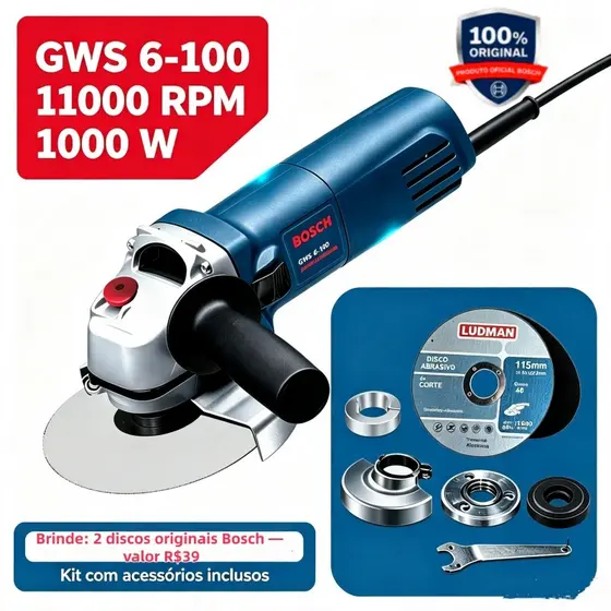 Esmerilhadeira Angular GWS6-100 Lixadeira Bosch 1000W electric tools Cutting and polishing com acessório de disco de lix