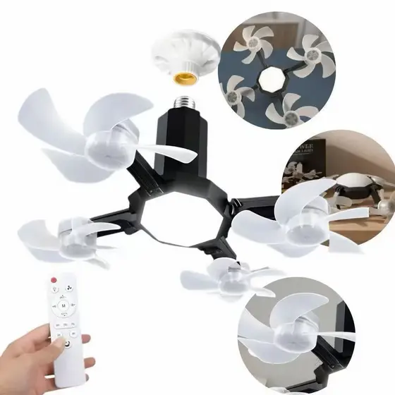 Ventilador Bivolt Teto Lustre LED 3 Temperaturas E27 Silencioso Controle Remoto 4 Mini Hélices Integradas Drone.