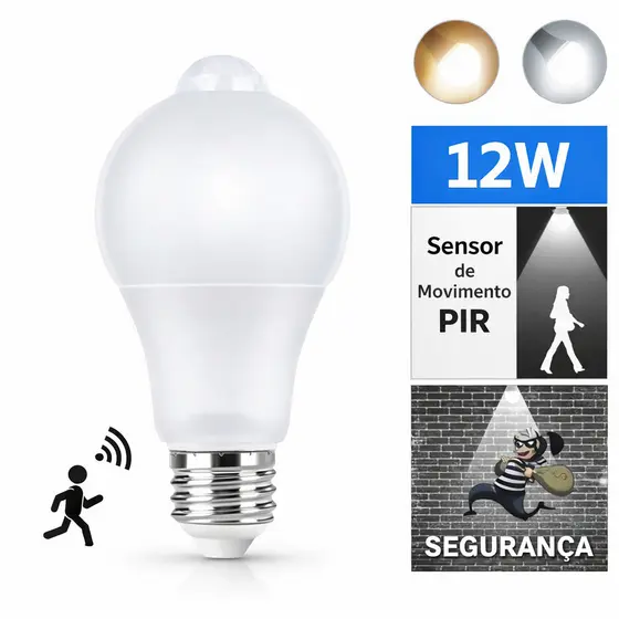 Lâmpada E27 Com Sensor de Presença LED 12W Movimento Automática Bivolt