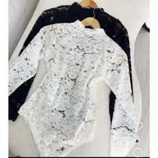 💋Body Feminino de Renda Floral Transparente Manga Longa