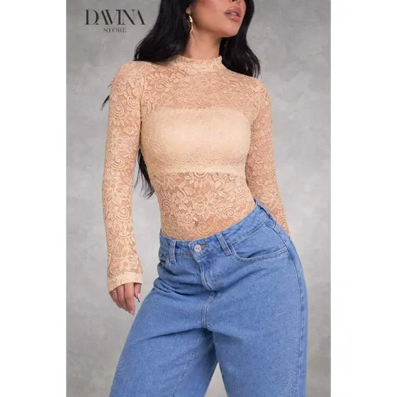 Body Feminino Manga Longa Renda