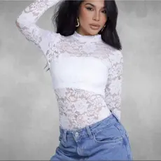 💋Body Feminino com Renda Floral Transparente Manga Longa