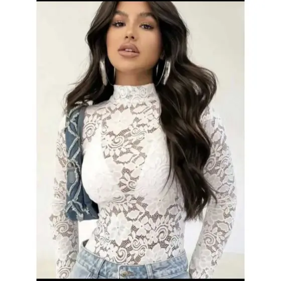 Body Feminino Manga Longa Renda Transparent Inverno Festa Look