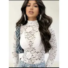 Body Feminino Manga Longa Renda Transparent Inverno Festa Look