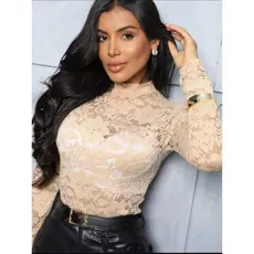 💋Body Feminino com Renda Floral Transparente Manga Longa versatil