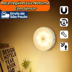 Luz Noturna LED Sensor de Movimento USB Recarregável, Lâmpada de Noite Dual Color Luz Quente Fria