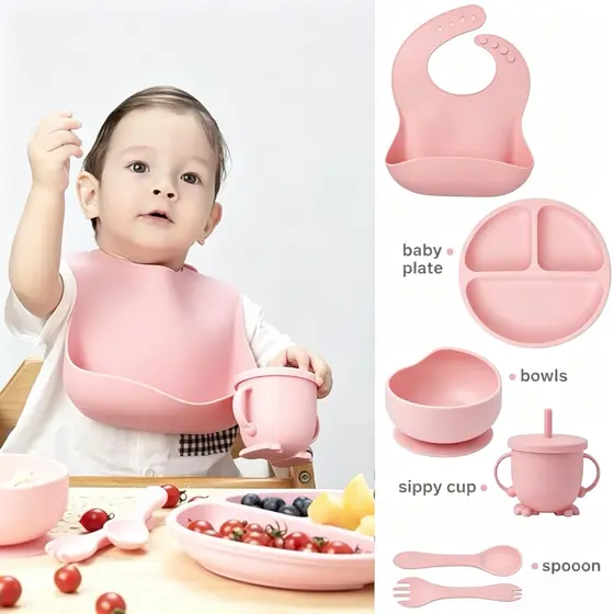 kit 6 Peças Talheres alimentação bebê silicone kit Talheres Infantil Com Ventosa Canudo Colher Babador Garfo