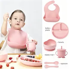 kit 6 Peças Talheres alimentação bebê silicone kit Talheres Infantil Com Ventosa Canudo Colher Babador Garfo