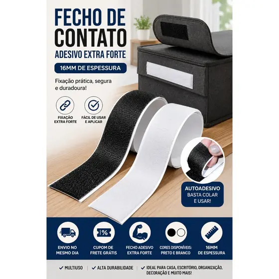 Velcro Adesivo Extra Forte 1-5 m x 16mm Preto Fecho Contato Dupla Face Auto Colante Macho Fêmea