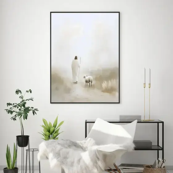 Quadro Decorativo Minimalista Cristao Para Sala, Escritorio e Quarto - Jesus Busca Sua Ovelha No1