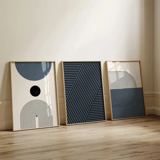 Kit 3 Quadros Decorativos com Moldura - Abstrato Moderno Azul No1 Para Sala, Escritorio e Quarto
