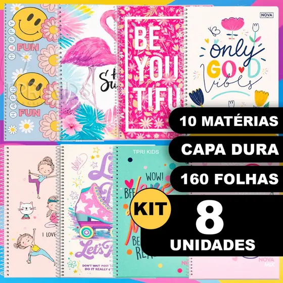 Kit 8 Cadernos 10 Matérias Capa Dura Grande Espiral Menina Material Escolar Faculdade Escola Curso
