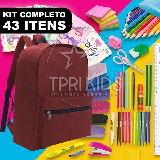Kit Material Escolar Completo 43 Itens Mochila Menina Estojo Caderno Fundamental Médio Faculdade