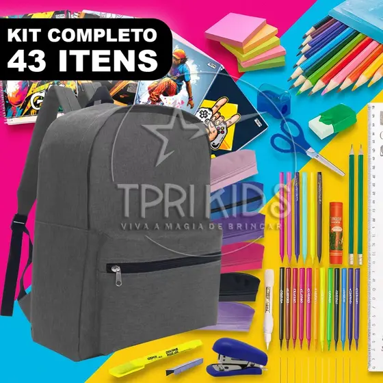 Kit Material Escolar Completo 43 Itens Mochila Menino Estojo Caderno Fundamental Médio Faculdade