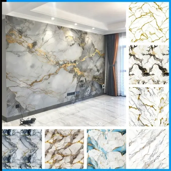 Painel Flexível Efeito Mármore 60cm x 300cm Autocolante Revestimento para Parede Sala Cozinha Lavabo