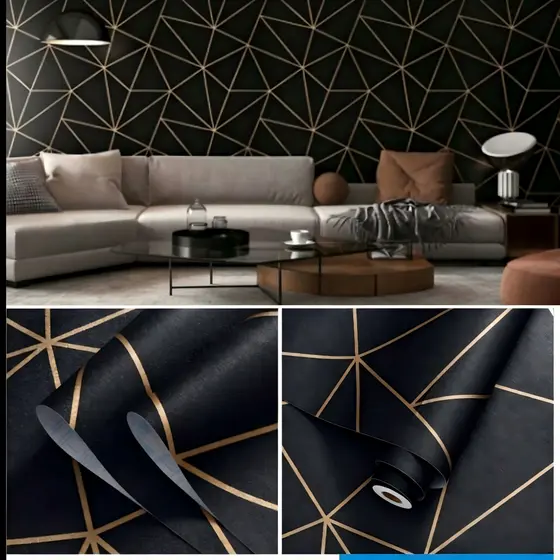 Papel de parede Zara Preto e Dourado Geometrico Moderno 5 Metros x 45cm Triangulo Sala, Quarto