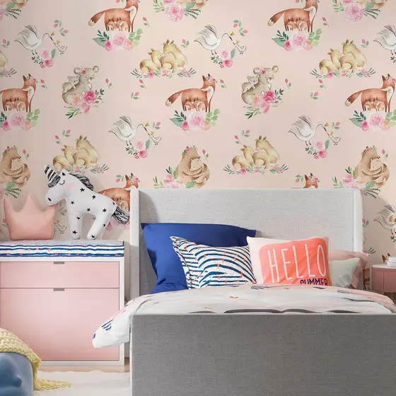 Papel de Parede Infantil Aquarela Rosa Animais e Flores | Quarto de Bebê Menina Auto Adesivo Decorativo Delicado