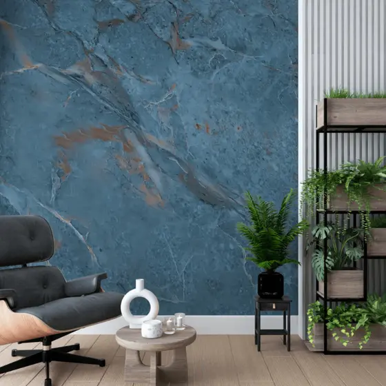 Papel de Parede Mármore Linha Studio Decor Azul Luxuoso com Detalhes em Cobre para Ambientes Sofisticados