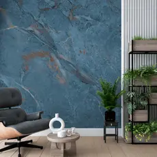 Papel de Parede Mármore Linha Studio Decor Azul Luxuoso com Detalhes em Cobre para Ambientes Sofisticados