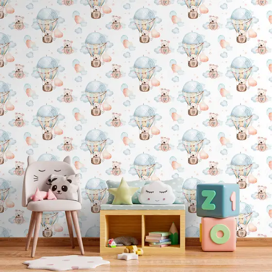 Papel de Parede Aquarela Infantil com Ursinho no Balão | Decoração Suave para Quarto de Bebê Moderno