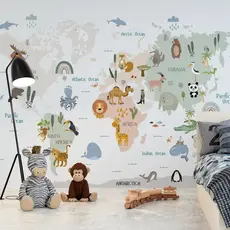 Papel de Parede Mapa Múndi Infantil com Animais por Região Educativo Decorativo