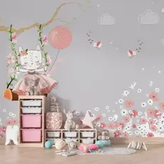 Papel de Parede Infantil Aquarela Gato no Balão Estampa Delicada Fofa Criativa