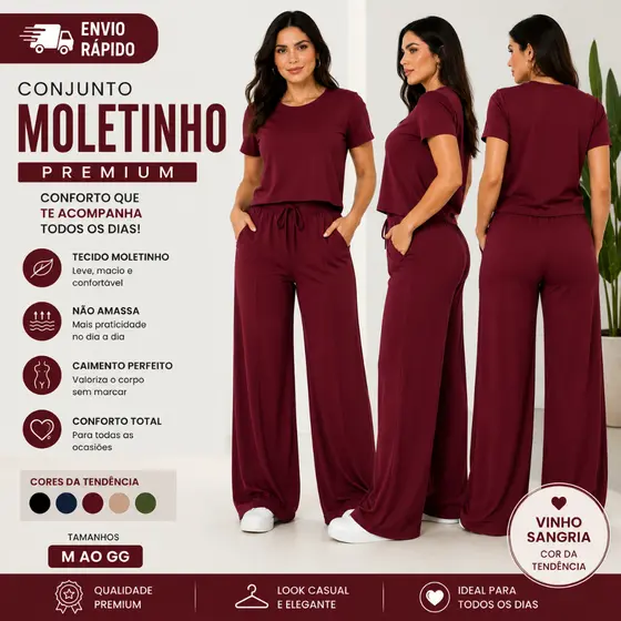 CONJUNTO FEMININO MOLETINHO PREMIUM CALÇA PANTALONA E BLUSA PRONTA ENTREGA
