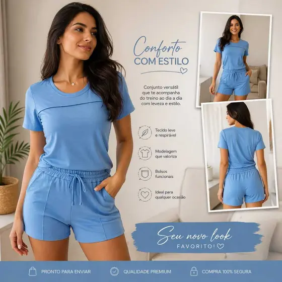 Conjunto Feminino Moletinho Short e Blusa Moda Verão Confortável Elegante Look Casual Tendência
