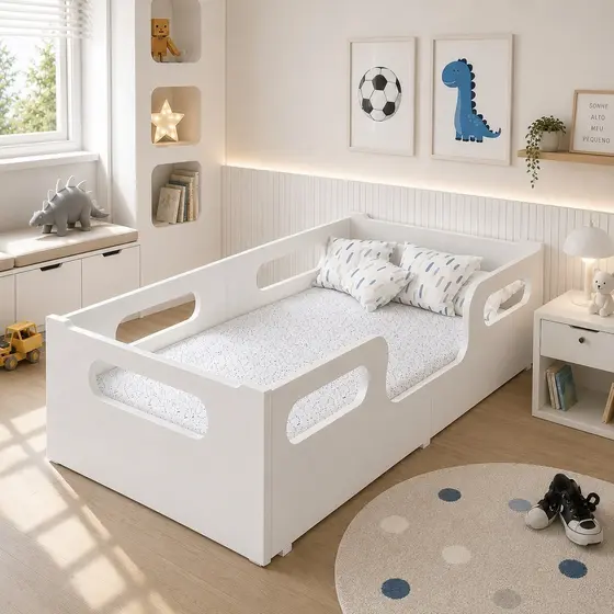 Cama Encanto Infantil Com Colchão e Grades Em MDF Para Quarto Infantil Segurança e Conforto