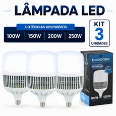 Kit 3 Lâmpadas Led 100W/150W/200W/250W Alta Potência 6500k Bivolt