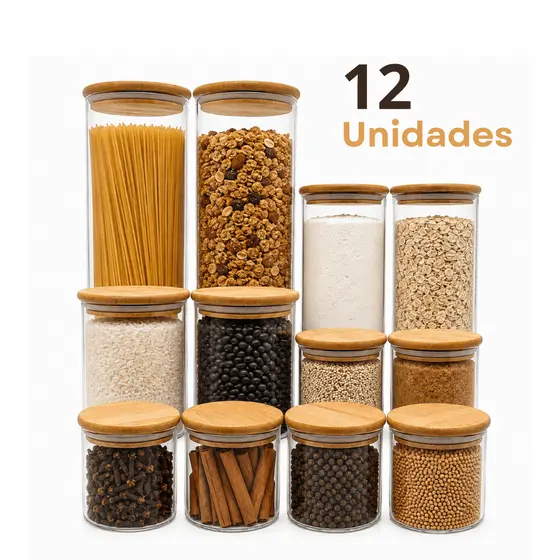 Kit Potes Herméticos Vidro Armazenar Alimentos Redondo Tampa de Bambu
