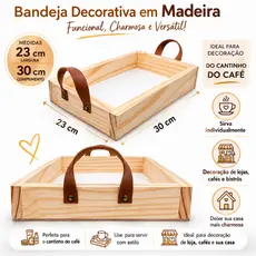 Bandeja milao milano 33x22cm em madeira alças de couro