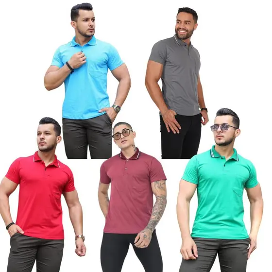 Kit 5 Camiseta Polo Fio 30 Com Bolso Algodao Manga Curta