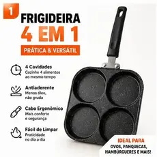 Frigideira 4 em 1 Antiaderente com 4 Cavidades Panquequeira Omelete Hambúrguer Ovo Café da Manhã Cabo Ergonômico