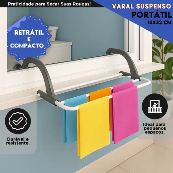 Varal Para Apartamento – Retrátil, Portátil e Resistente | Fixação em Janela | Aviv
