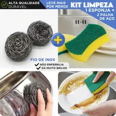Kit Limpeza 2 Palhas de Aço Inox + 1 Esponja Dupla Face Verde Para Cozinha Panelas Fogão Multiuso AV