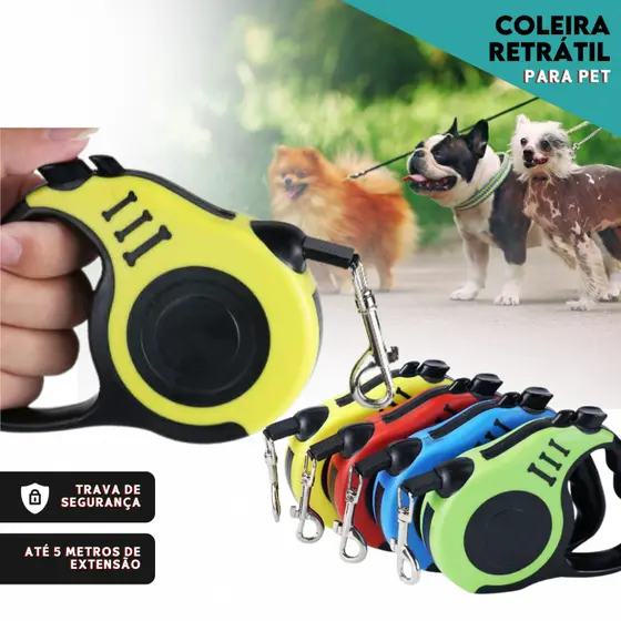 Coleira Pet Guia Retrátil 5 Metros Com Trava Resistente e Segura Para cães e Gatos - Aviv