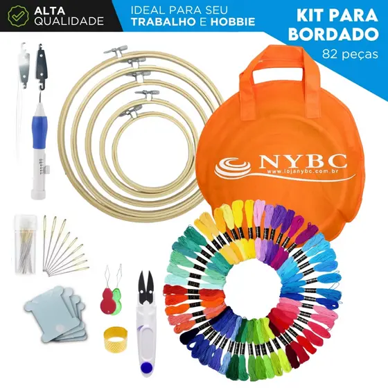 Kit Bordado Completo 82 Peças com Linhas Agulhas Bastidor Bolsa ideal Para Costura e Ponto Russo -AV
