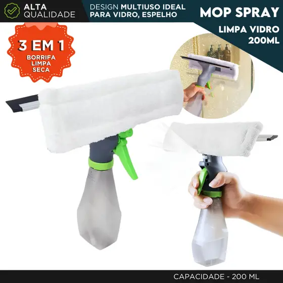 Rodo Mop Spray Limpa Vidro 3 em 1 200ml Borrifa Limpa e Seca Limpador de Vidros com Reservatório -AV