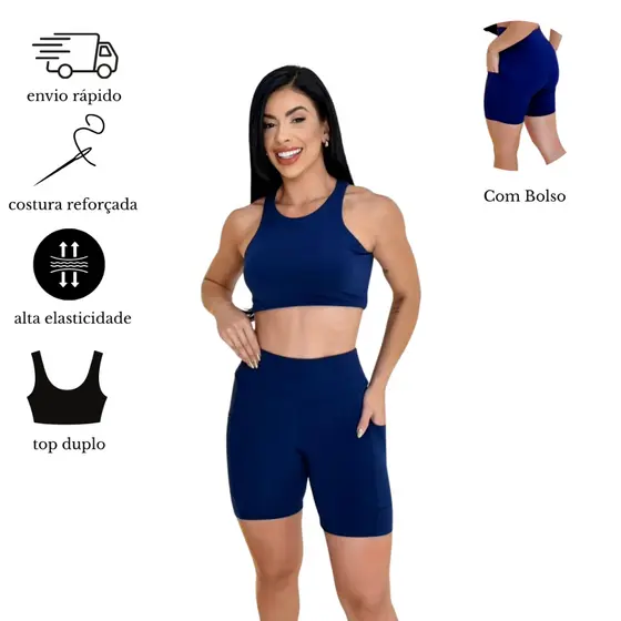 Conjunto Fitness Short Compressão Forrado com Bolso e Top Confortavel