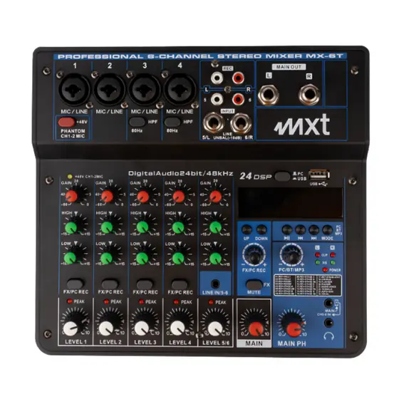 Mesa de Som MXT MX-6T 6 Canais Bluetooth USB MP3 Pendrive 24 Efeitos DSP 24Bits 48kHz XLR Mixer Digital Profissional