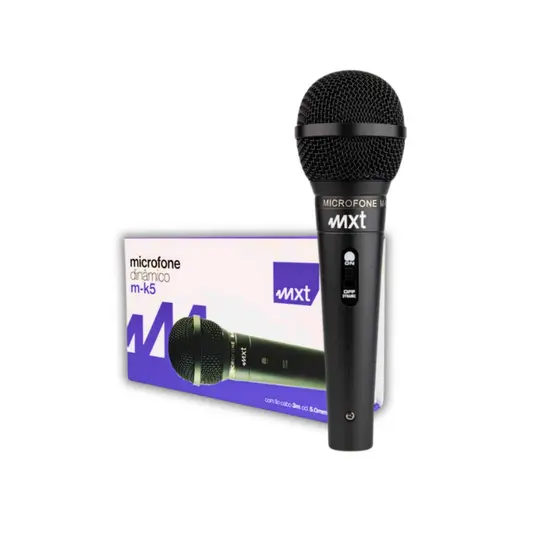 Microfone Dinâmico Profissional MXT M-K5 Metal Preto Cabo 3m Chave Liga/Desliga para Karaokê e Eventos